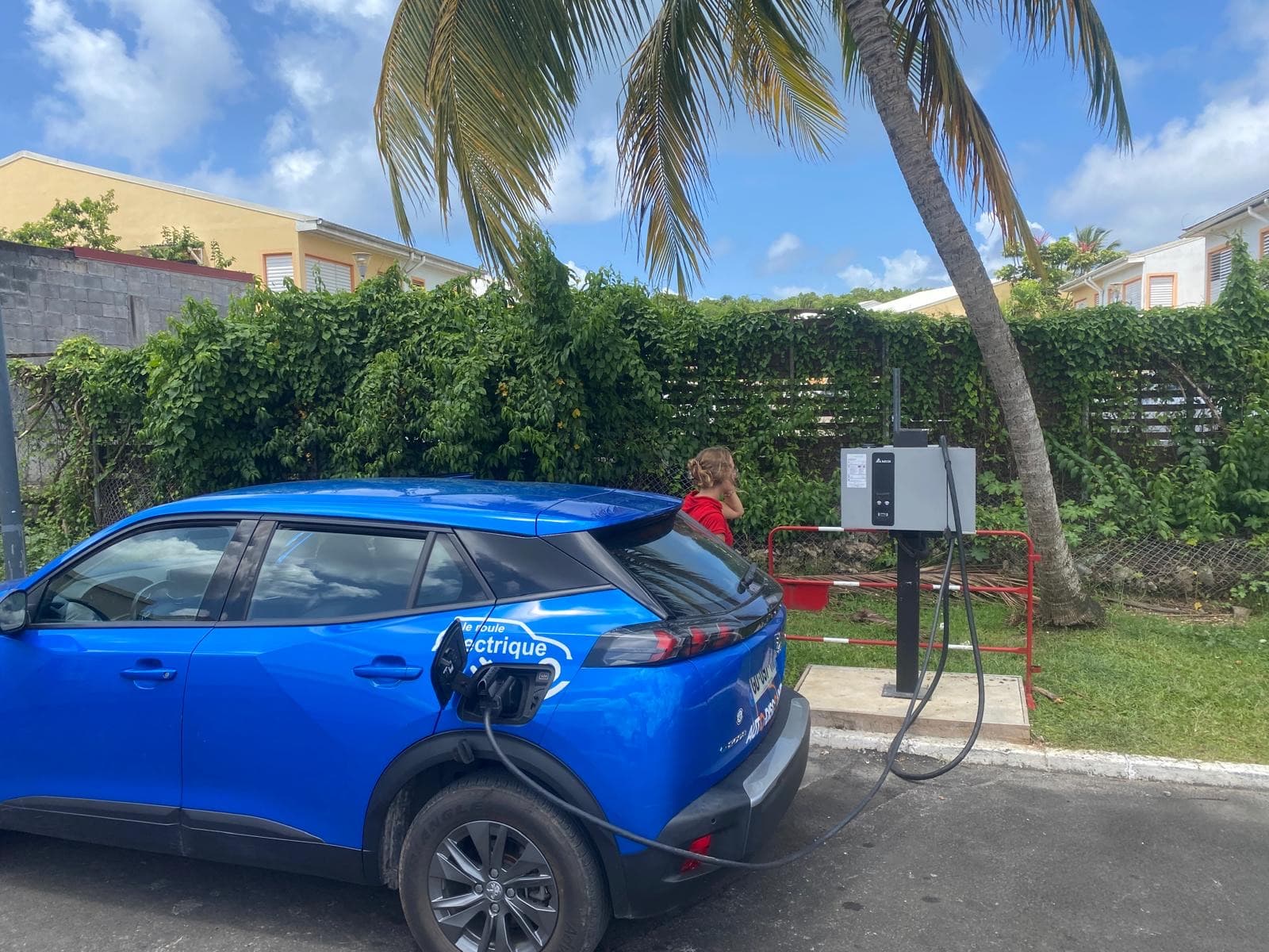 Peugeot e-2008 électrique en charge sur une borne EZdrive en Guadeloupe, sous les palmiers